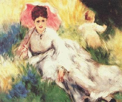 Pierre Renoir Woman with a Parasol and a Small Child on a Sunlit Hillside France oil painting art